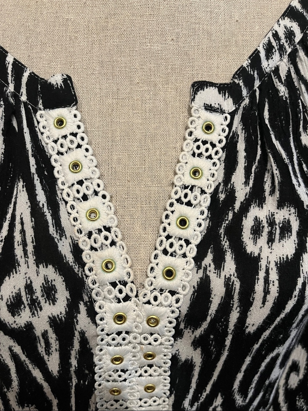 I.N.C. Black and White Printed Top with Crochet/Grommet Trim - Picture 2 of 7